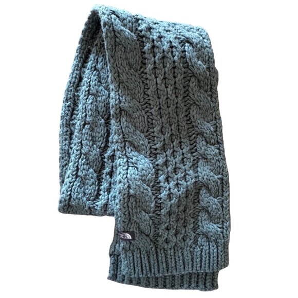 The North Face Cable Knit Scarf Blue Green Acrylic Wool Winter Warm - Picture 2 of 5